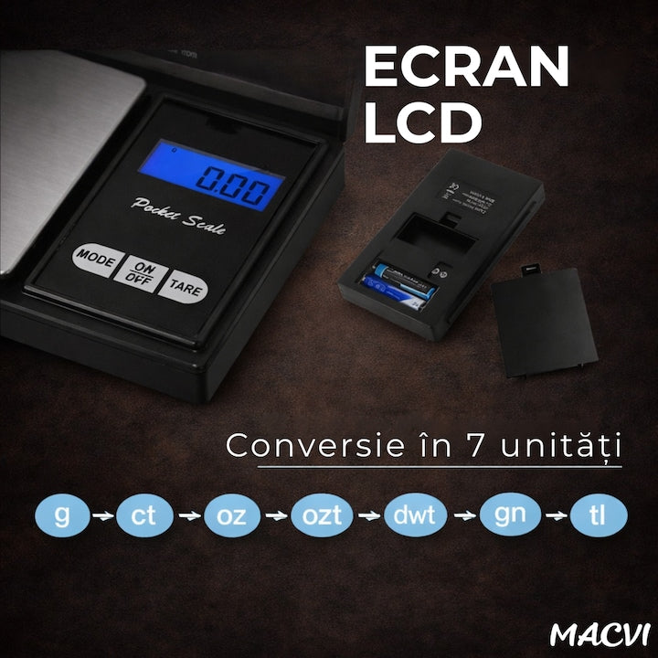 Cantar electronic pentru bijuterii Macvi®, Pocket, 300 g, Rezolutie 0,01 g, Negru
