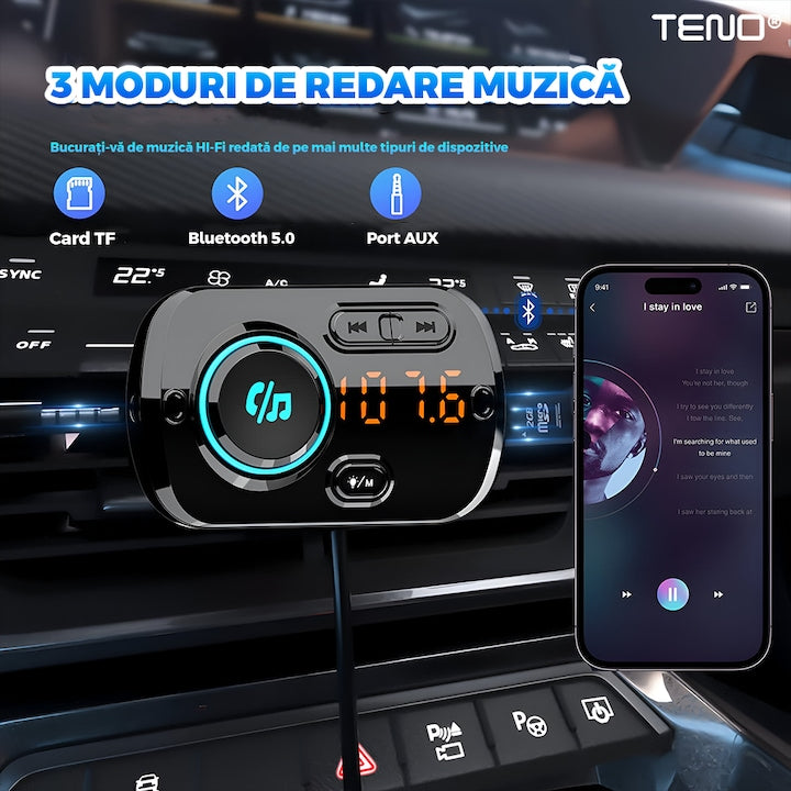 Modulator Auto FM Teno, Bluetooth 5.0, Functie Dubla Incarcare, Afisaj LED, Negru