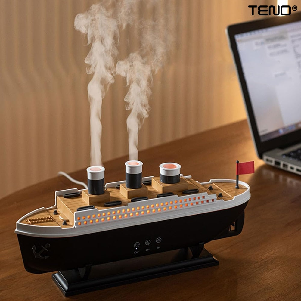 Difuzor Aromaterapie Teno®, forma de nava de croaziera, 7 culori LED, lumini dinamice, control tactil, capacitate 250ml, silentios, rezerva inclusa, umidifica aerul, negru/alb