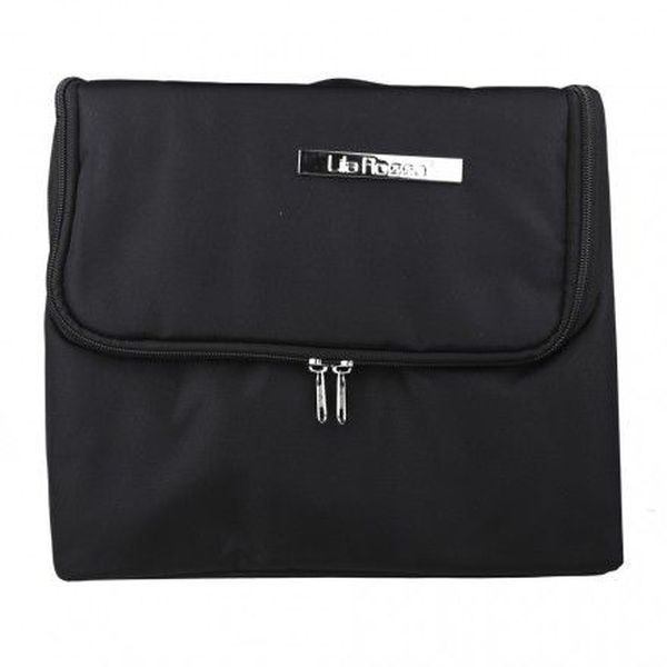 Portfard cosmetic Macvi® cu capacitate mare, material canvas rezistent, design clasic negru, 19.8x24.5x27.5 cm