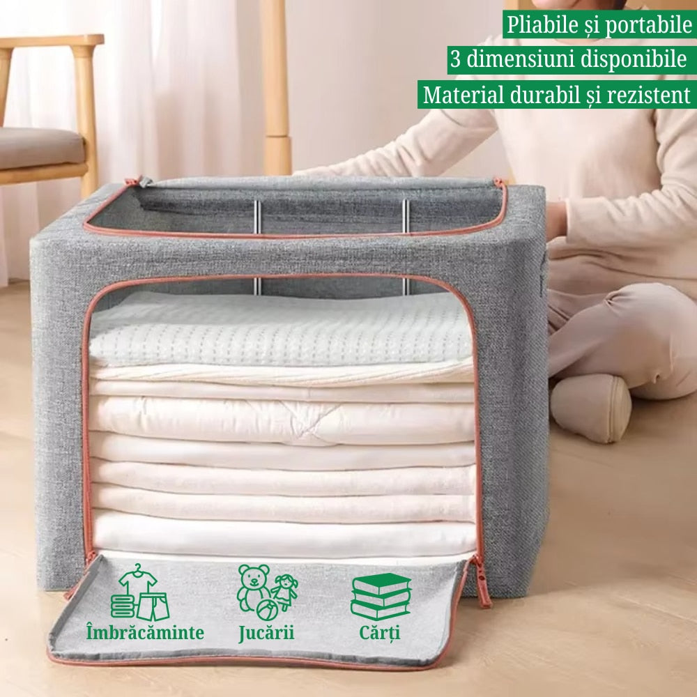 Cutie depozitare Macvi® 66L pliabila din material textil cu fermoar, fereastra transparenta si cadru metalic, organizator incapator pentru haine si articole casnice