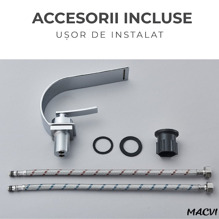Robinet baie Macvi® tip cascada din alama inaltime 13 cm conexiune 3/8 montaj chiuveta design modern, argintiu