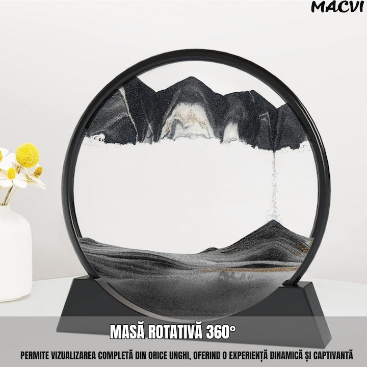 Obiect decorativ Macvi® cu efect 3D din nisip, masa rotativa 360°, baza din plastic, sticla si nisip, 18x19 cm, Negru