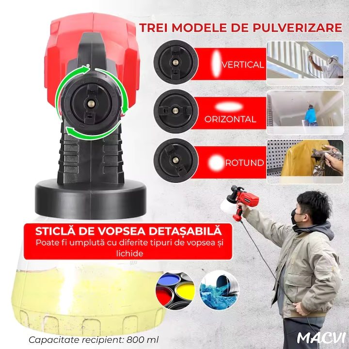 Pistol vopsit electric Macvi® 500W rezervor 800ml, rosu, viteza reglabila 32000rpm, 3 moduri de pulverizare, pulverizare fina, duze interschimbabile pentru interior tavan gard lac lemn metal