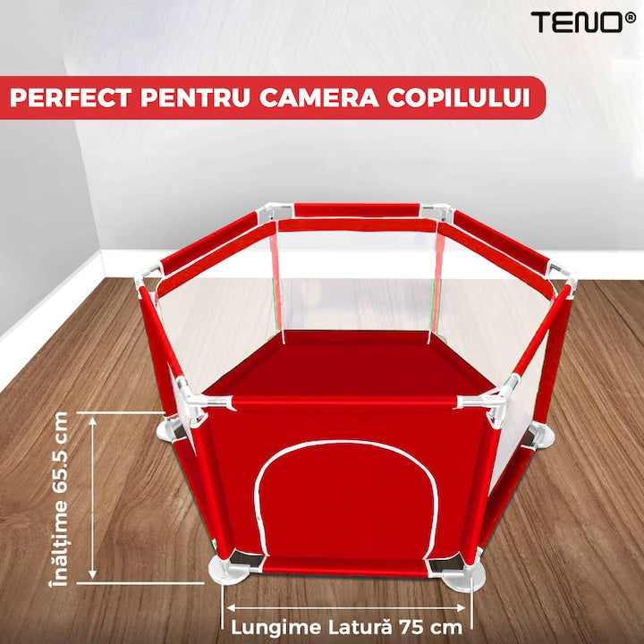 Tarc/Loc de Joaca pentru Copii Teno®, usa cu fermoar exterior, plasa, materiale calitative, usor de montat, dimensiuni 125x110x65.5, rosu