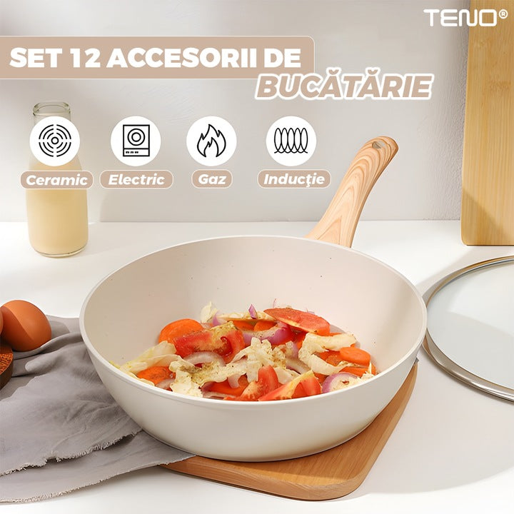 Set 12 Piese Oale si Tigai Teno, antiaderente, bej, compatibile cu toate tipurile de plite