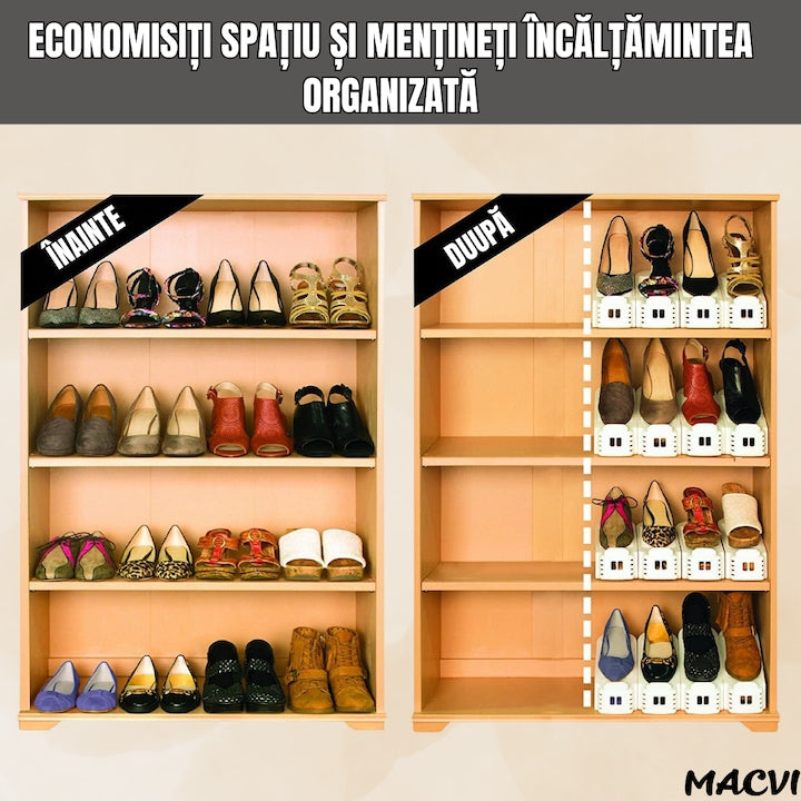 Set 10 Organizatoare pantofi reglabile Macvi®, suport bej pentru incaltaminte, dublare spatiu depozitare, design stabil si antialunecare