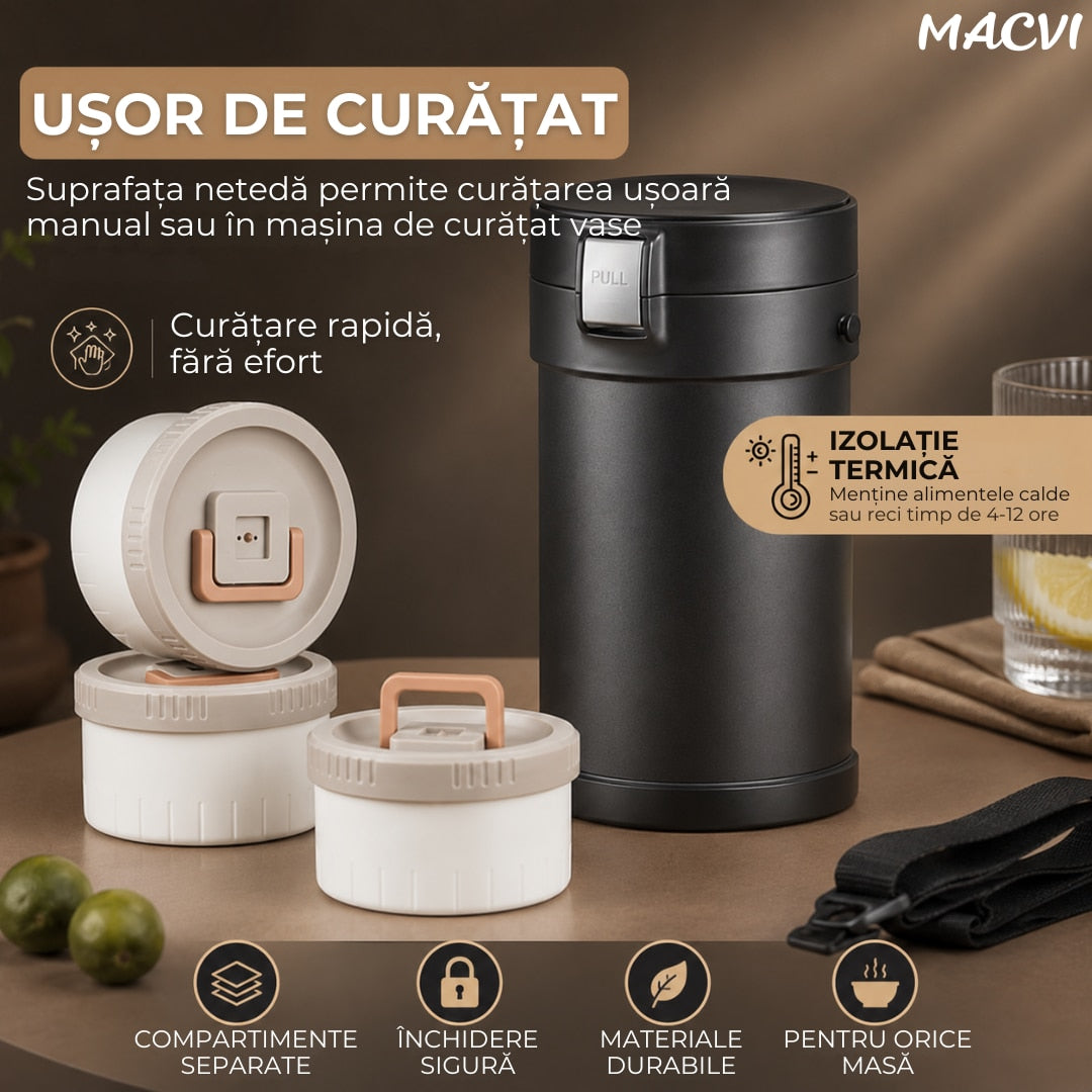 Caserola termica Macvi® 2.9L, Inox 304 alimentar, 4 compartimente separate, etansa, izolatie termica, mentine alimentele calde si reci 4-12 ore, fara BPA, pentru birou, scoala, picnic, camping, Negru