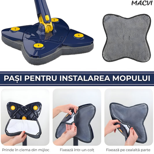 Mop cu Cap Stea Macvi® 360° Telescopic Curatare Usoara, 2 lavete Microfibra, Lungime 123 cm, Albastru/Galben
