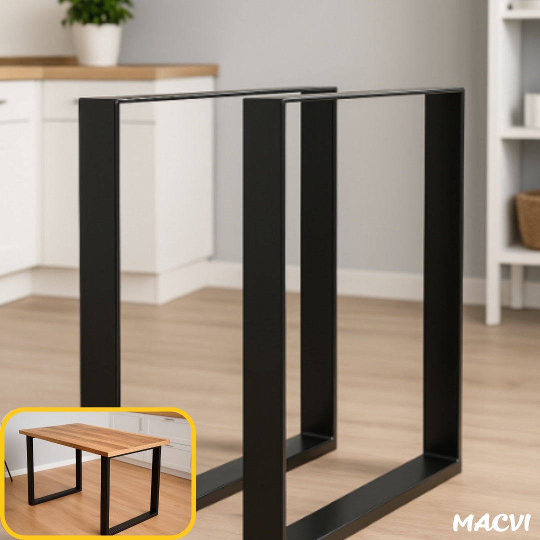 Set 2 Picioare Masa Macvi®, Profil Lat 80 mm, Metal Negru Mat, Vopsire in Camp Electrostatic, Dimensiuni 72x60x8 cm, Design Industrial Modern