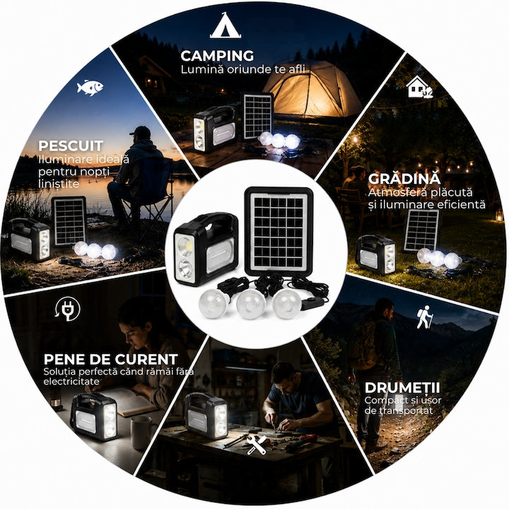 Kit Iluminat Portabil LED Macvi® 7COB, Panou Solar 3.5W, 3 Becuri LED, Proiector LED 250 lm, Baterie 6V 4.5Ah, USB 5V, pentru Camping, Pescuit si Situatii de Urgenta