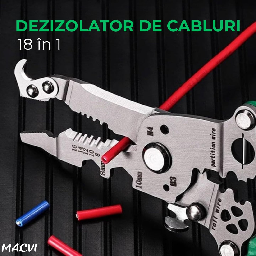 Patent multifunctional Macvi® 12-in-1 cu sertizor pentru cabluri cleste pliabil din otel pentru dezizolare, taiere si sertizare fire, design ergonomic pentru lucrari electrice