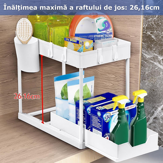 Organizator Extensibil Sub Chiuveta Macvi® cu Sertar Glisant si 4 Carlige Alb Descriere produs: