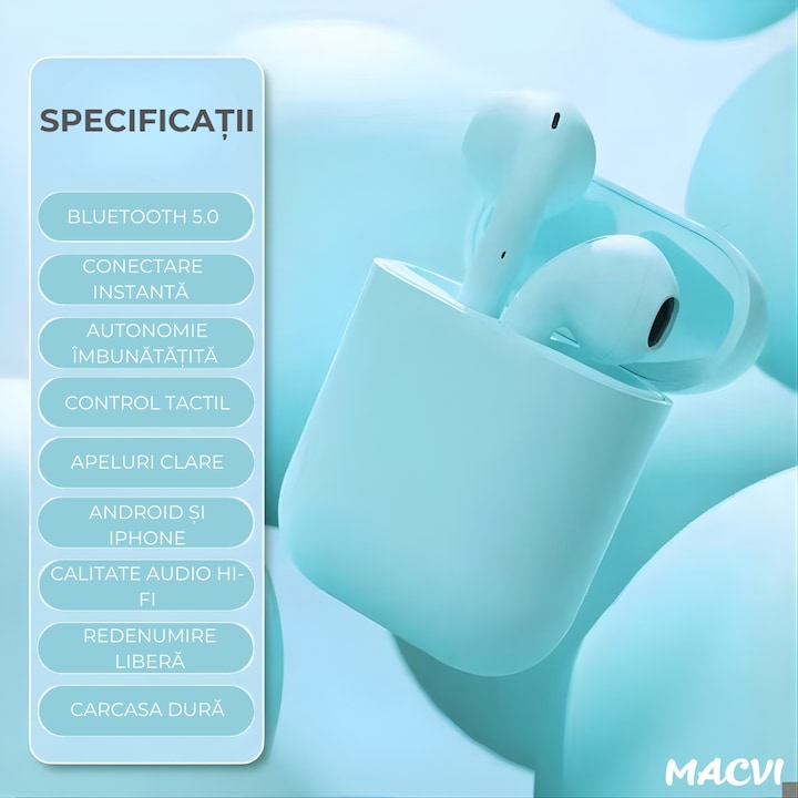 Casti wireless Macvi® Freepods i18, Bluetooth 5.0, Touch Control, HiFi Sound, albastru