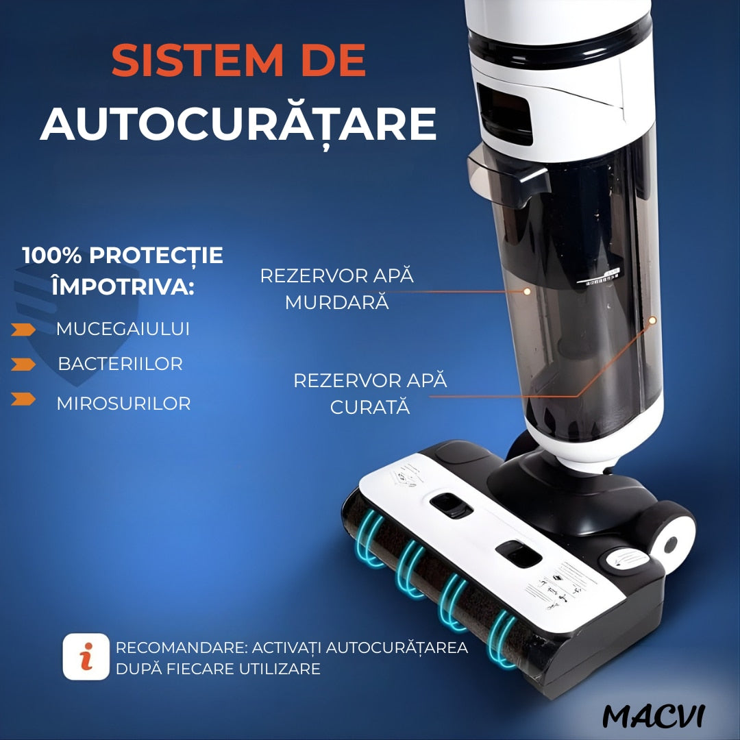 Aspirator Vertical cu Spalare Macvi® OZ01 Pro Fara Fir Autocuratare, Dezinfectare Apa, Putere 12000Pa, Autonomie 60 Min Ecran LED 2 Rezervoare