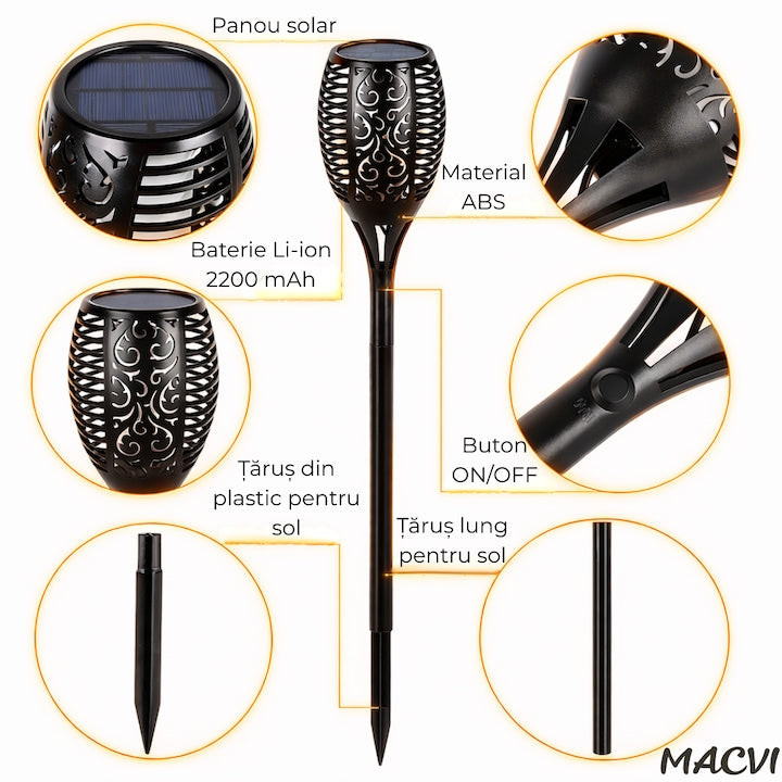 Torta Solara LED Macvi® 96 LED-uri, Efect Real de Flacara, Senzor de Lumina, Alimentare Solara, Rezistenta la Intemperii, Negru