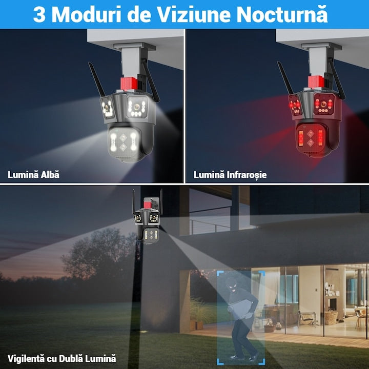 Camera Supraveghere WiFi Tripla Macvi® 4MP HD IP66 Rotire Inteligenta Zoom 4X Vedere Nocturna Color Audio Bidirectional Alarma