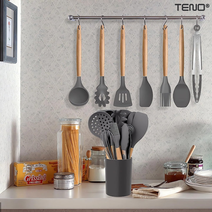Set Ustensile Bucatarie 12 Piese Silicon Alimentar Teno®, termorezistente, antiaderente, sigure, suport inclus, gri