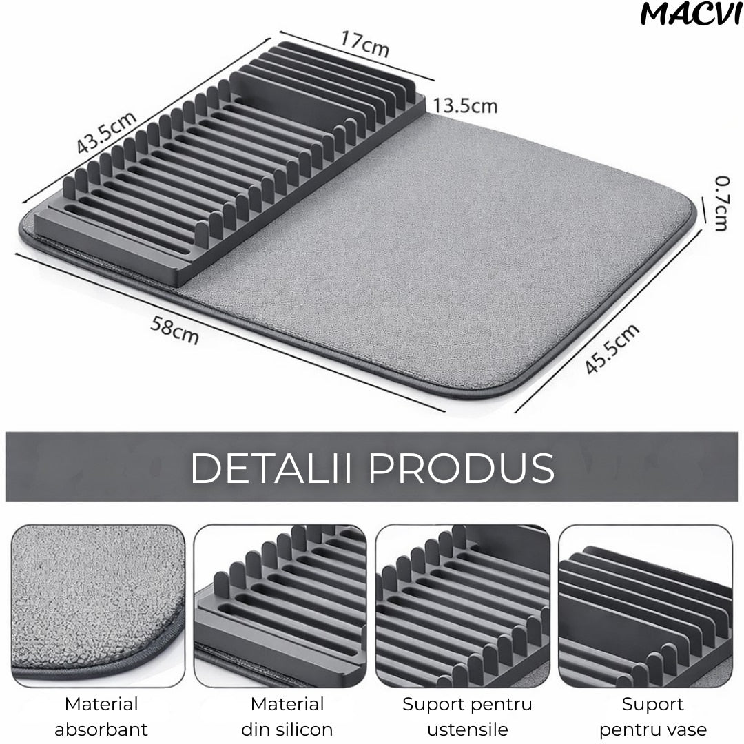 Suport vase Macvi® uscator vase pliabil 58x45.5, covoras absorbant material textil si suport siliconic organizator chiuveta bucatarie design compact respirabil banda elastica stabilitate mare, modern