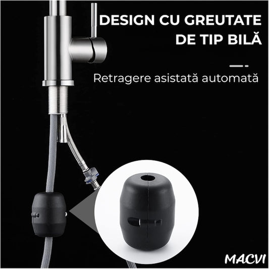Baterie chiuveta bucatarie Macvi® Premium dus extractabil pipa inalta rotire 360 cartus ceramic 2 functii jet buton ON OFF racorduri incluse inox mat argintiu