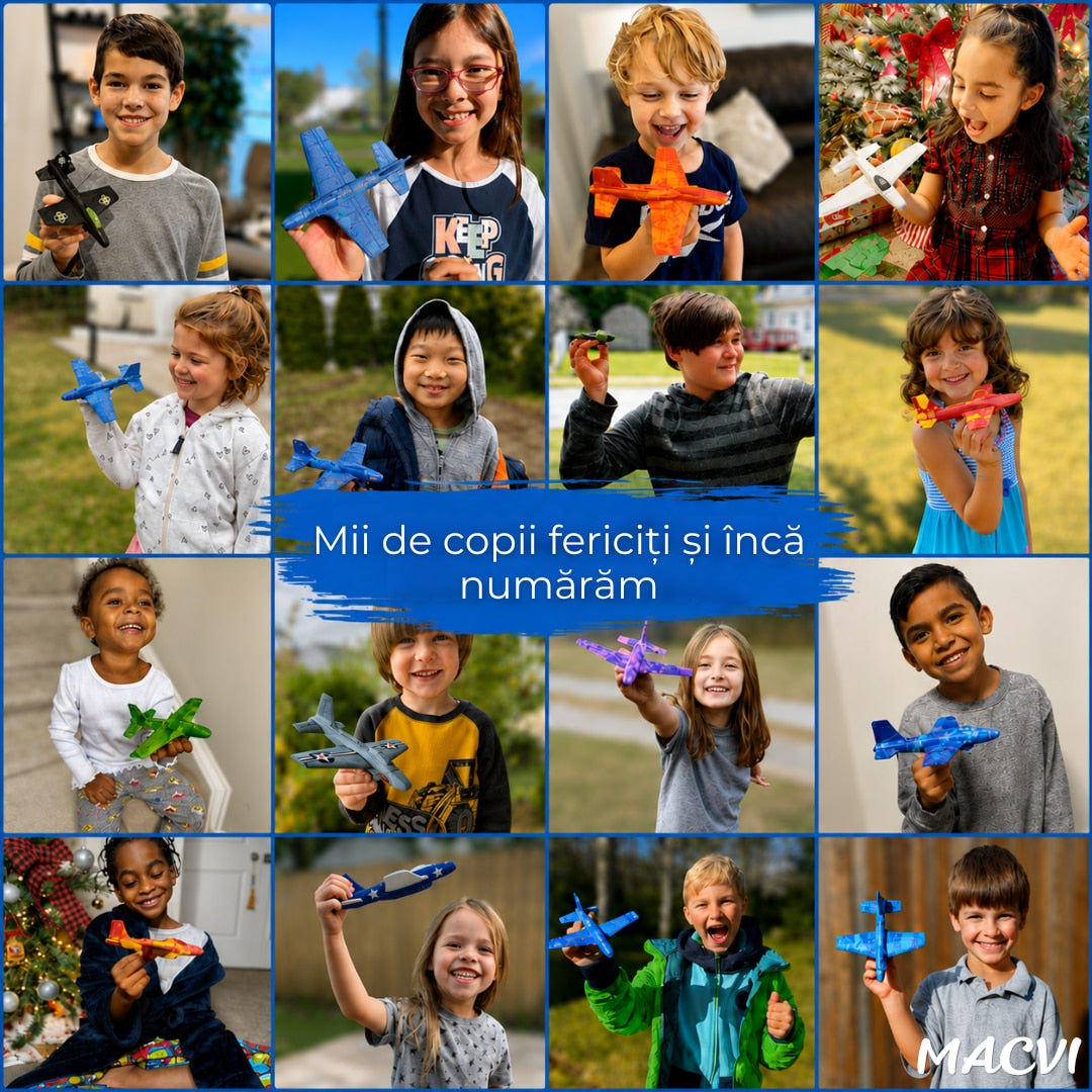 Avion zburator Macvi®, planor rezistent, zboara pana la 30m, Albastru, Material rezistent la impact si cazaturi, pentru copii 6+ ani