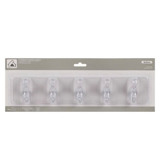 Suport autoadeziv baie sau bucatarie Macvi®, transparent, plastic rezistent, 5 carlige multifunctionale, 35 x 7 cm