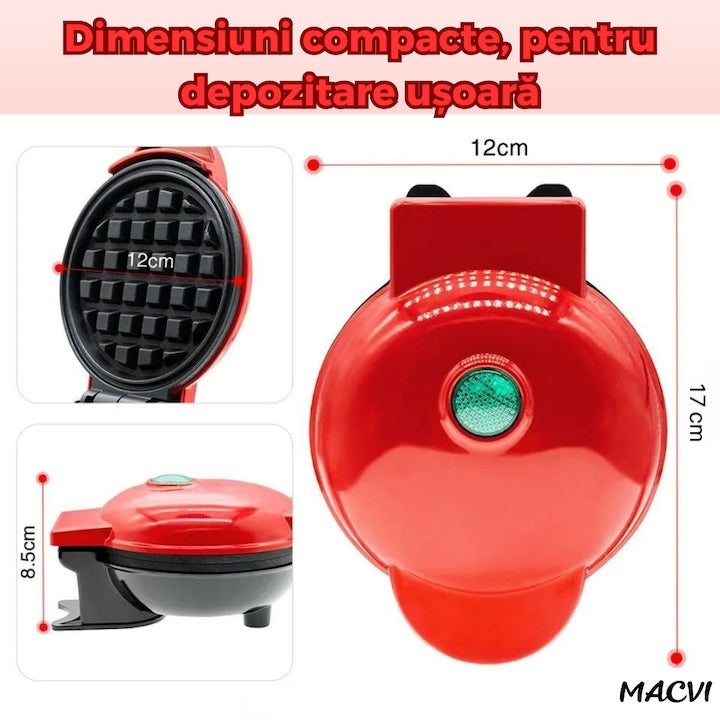 Aparat gofre Macvi® mini pentru vafe cu placi antiaderente indicator luminos design compact rosu ideal mic dejun rapid