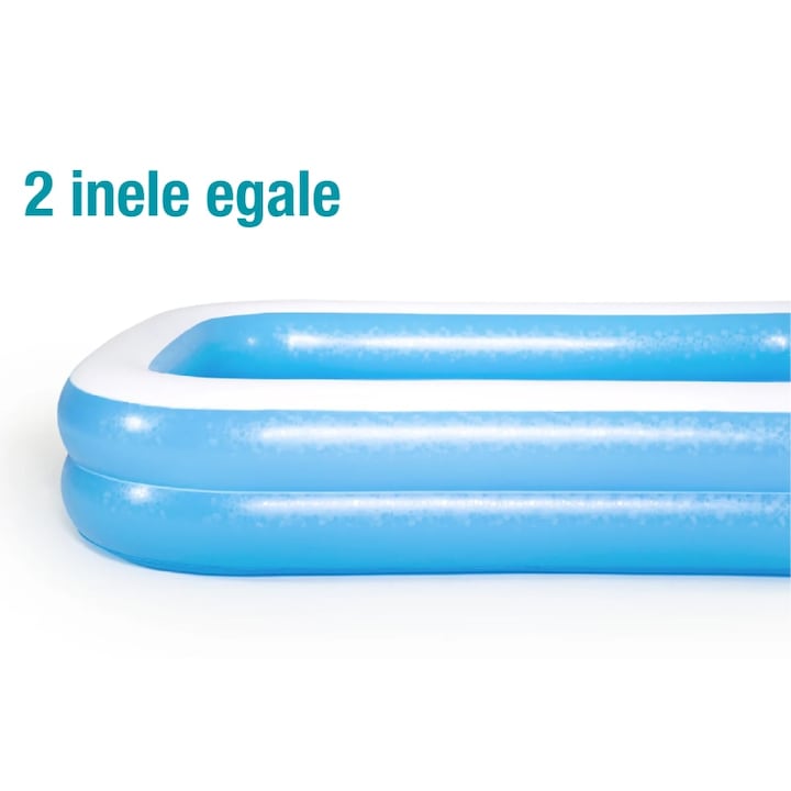 Piscina gonflabila familiala Macvi® 201 x 150 x 51 cm, 2 inele gonflabile, capacitate 450 L, PVC rezistent, pentru copii si adulti, curte, gradina si terasa, alb/albastru