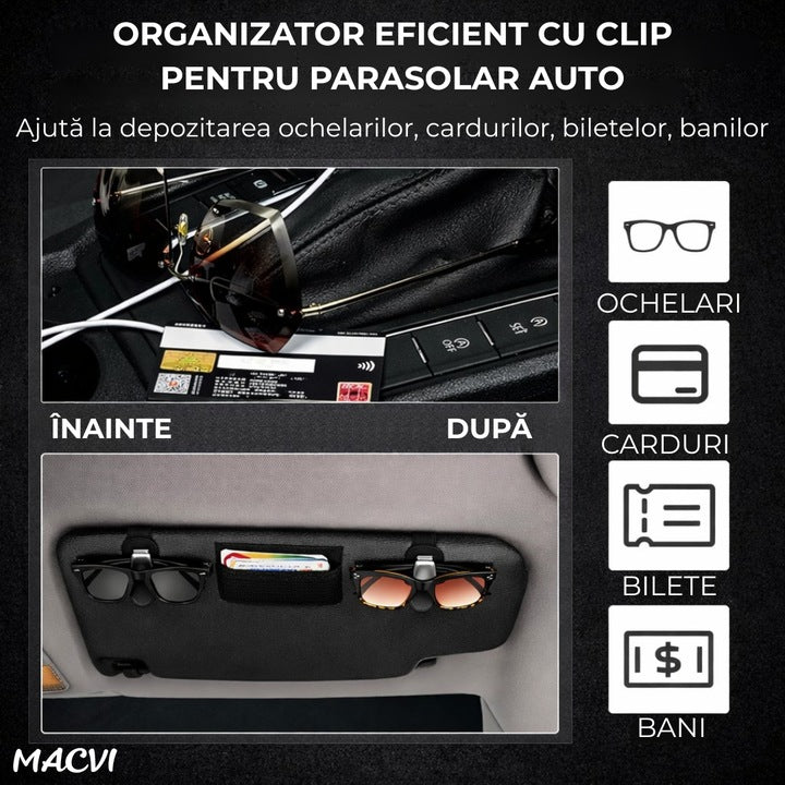 Suport ochelari auto Macvi®, prindere la parasolar, piele si aluminiu, 5x10 cm, negru