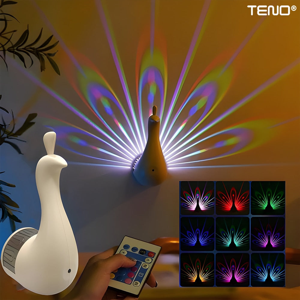 Lampa Proiector Teno®, model paun, alimentare la retea USB, lumini LED, diverse moduri de iluminare, montare usoara, control prin telecomanda/touch, temporizator, alb