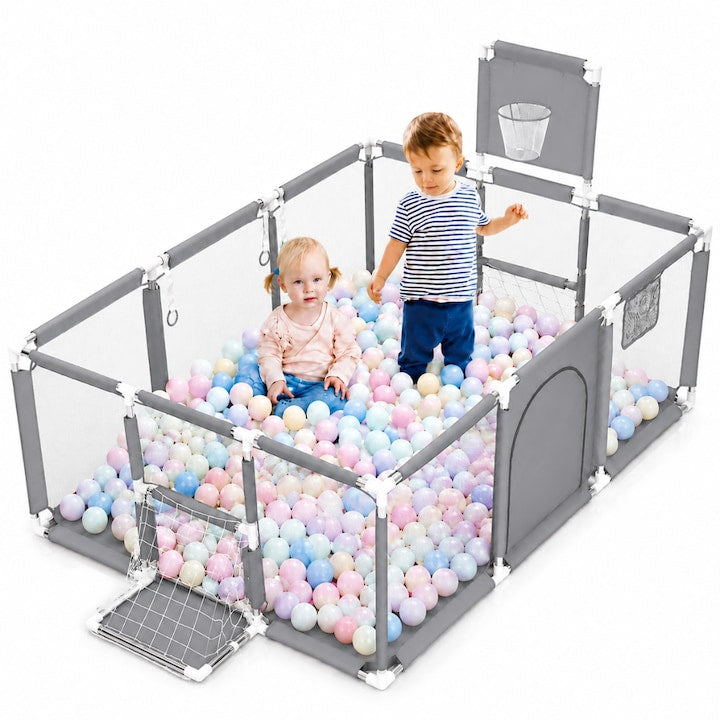 Tarc pentru copii Macvi® 100 bile incluse, gard de siguranta, 6 luni - 6 ani, 190x129x66 cm, usor de montat, otel inoxidabil, gri