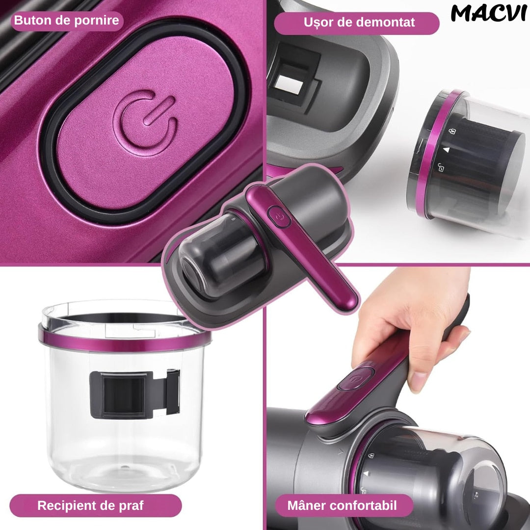 Aspirator Antiacarieni Macvi®, 8000 Pa, Fara Fir, Filtru HEPA, Baterie 3600 mAh, UVC, Rezervor 500 ml, Curatare Pat, Canapea si Covoare