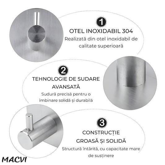Set 4 cuiere de perete Macvi® din otel inoxidabil, montaj fara gaurire, 4 argintii, rezistente la umiditate, pentru baie si hol