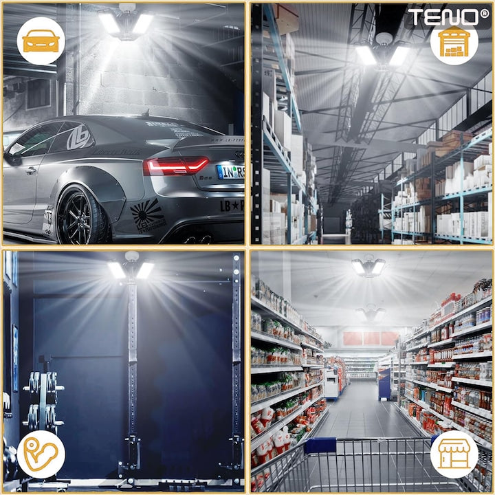 Lampa LED cu 3 Brate Mobile Teno®, 3 aripi pliabile, 36 LED-uri, flux luminos 3000LM, lumina alba rece 6000-6500K, bec iluminare pentru interior garaj/depozit/atelier, alb