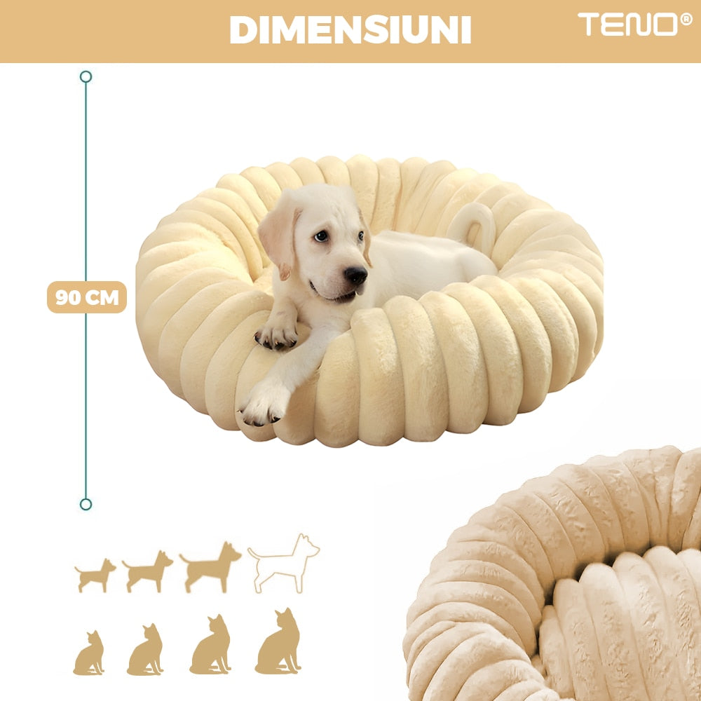 Pat Animale Teno®, captusit, moale, pufos si calduros, pentru caini si pisici, diametru 90 cm, baza anti-alunecare, design dungat, bej