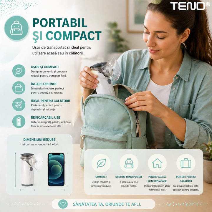 Nebulizator pentru copii Teno, particule ultrafine 2.5mm, silentios 30dB, USB, set cu masca adulti si copii