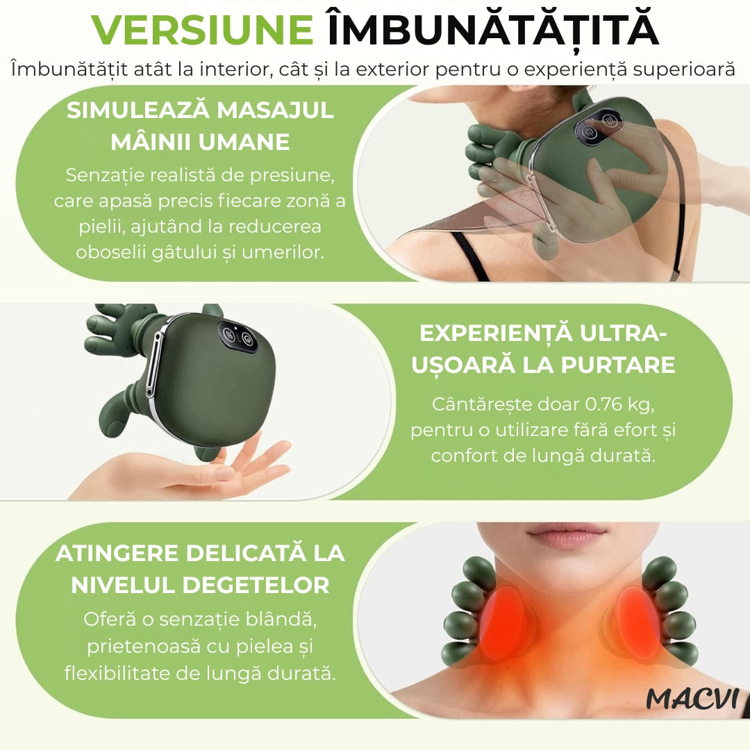 Aparat Masaj Gat si Umeri 4D Macvi® cu Incalzire 3 Intensitati Masaj Cervical Bionic Terapie Termica Simulare Masaj Maini Ameliorare Durere Gat Umeri Relaxare Musculara
