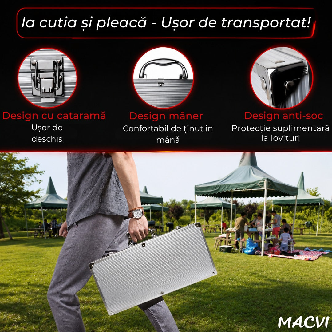 Set 5 ustensile gratar Macvi® din otel inoxidabil premium, geanta transport aluminiu captusita, accesorii pentru un gratar reusit