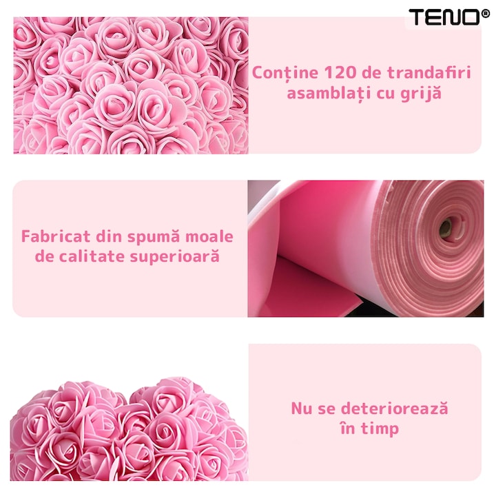 Inimioara din Trandafiri de Spuma Teno®, floral roz, handmade, cutie transparenta, eleganta si naturala, nemuritoare, 17 cm