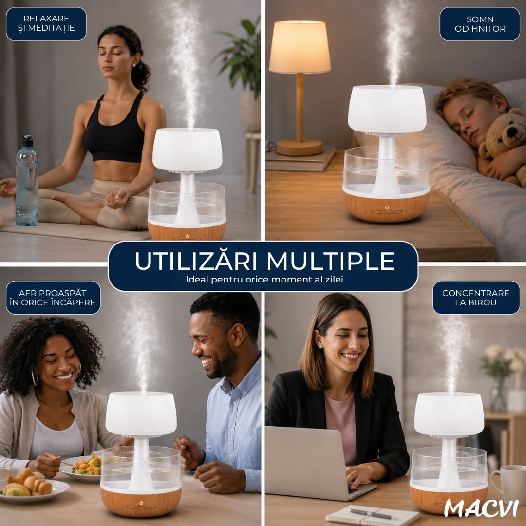 Umidificator decorativ cu efect de ploaie tip nor Macvi® cu LED 7 culori sunet ploaie, 0.3L, Cablu USB