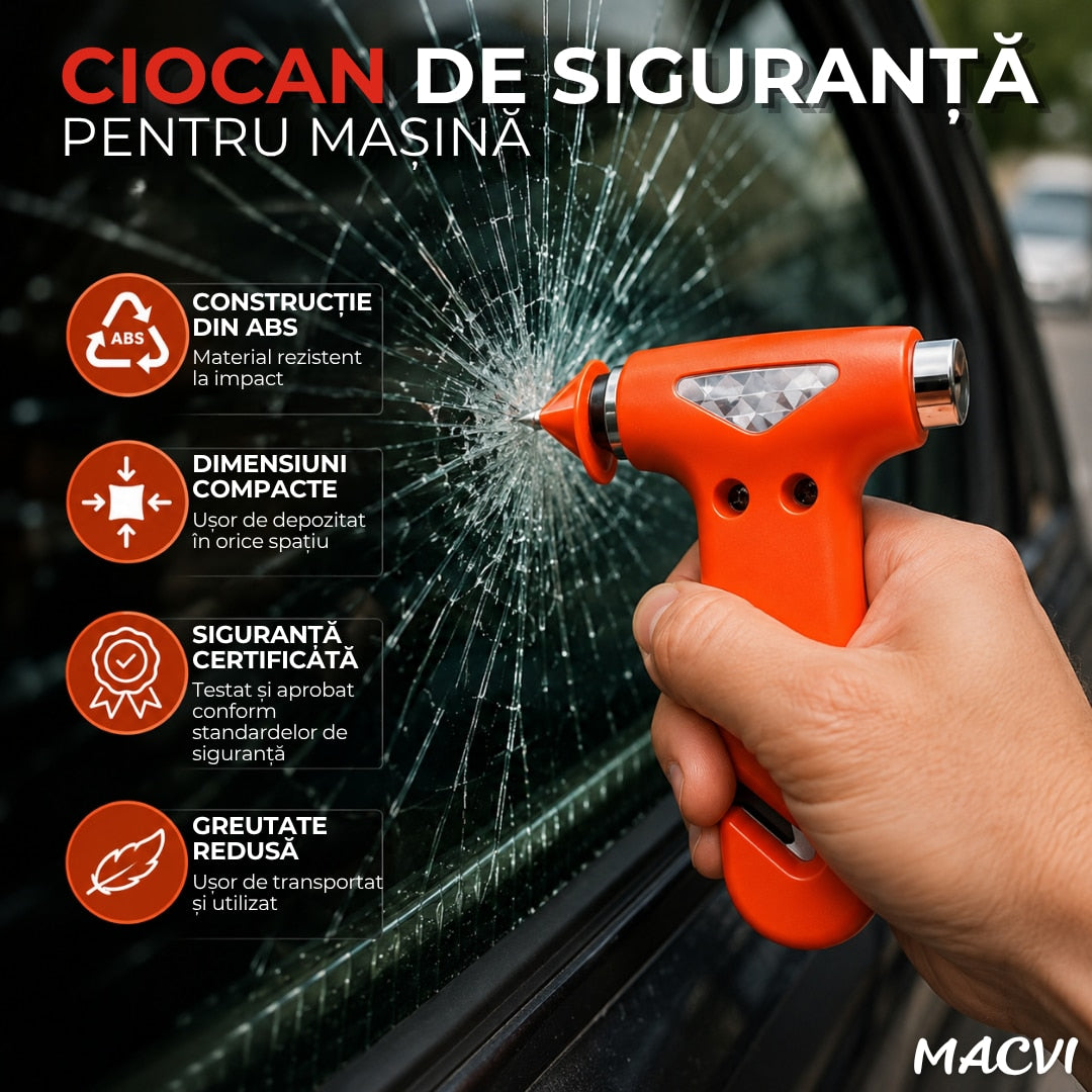 Ciocan Profesional Macvi® pentru Spargerea Geamurilor cu Suport si Cutter pentru Centura