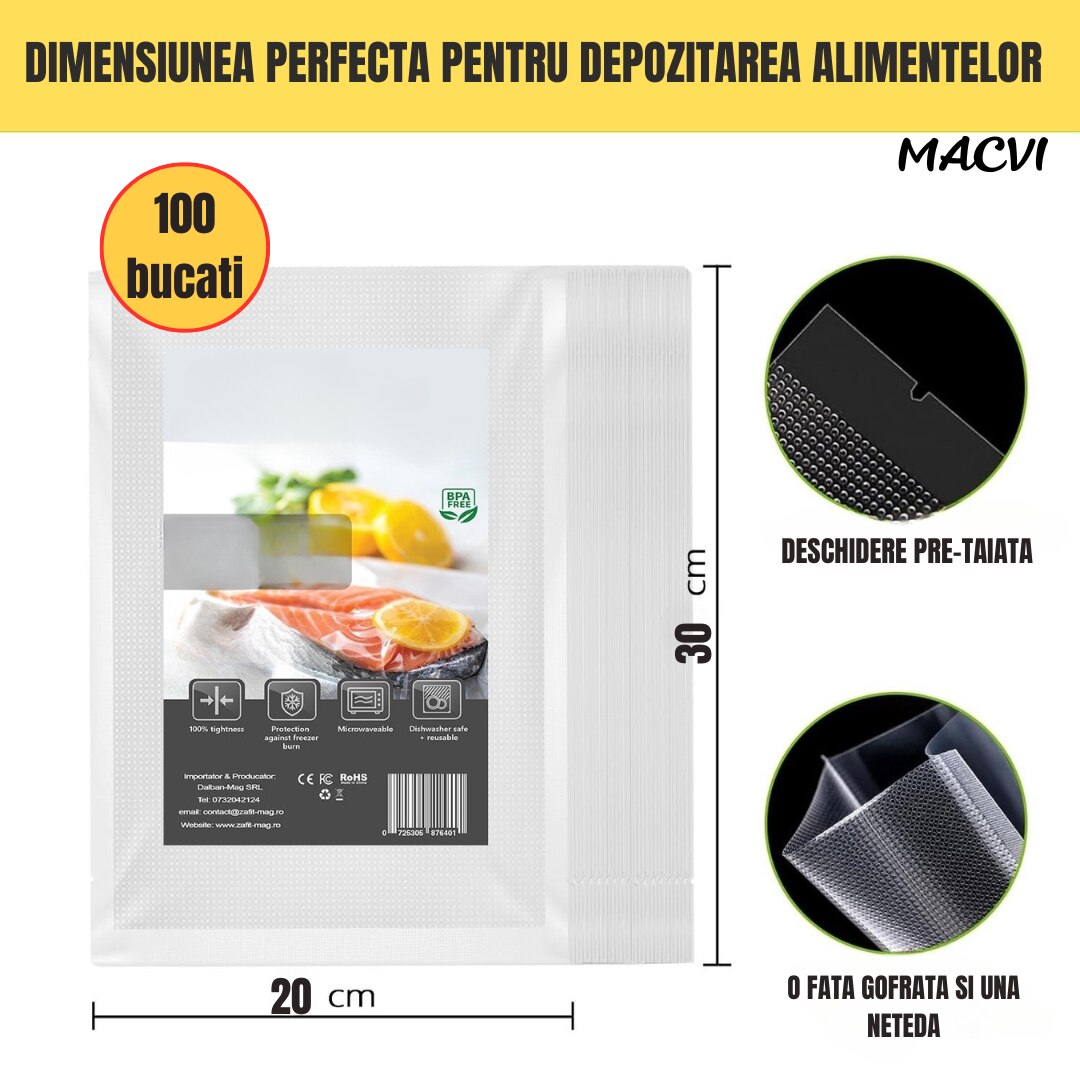 Set pungi vidat Macvi® 20x30 cm, 100 bucati, etansare puternica, sigure pentru congelator