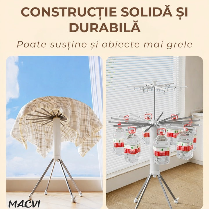 Uscator de rufe vertical Macvi®, 2 nivele, pliabil, mobil, suport umerase, 16 tije, 24 cleme, 170 cm, uscare 360°
