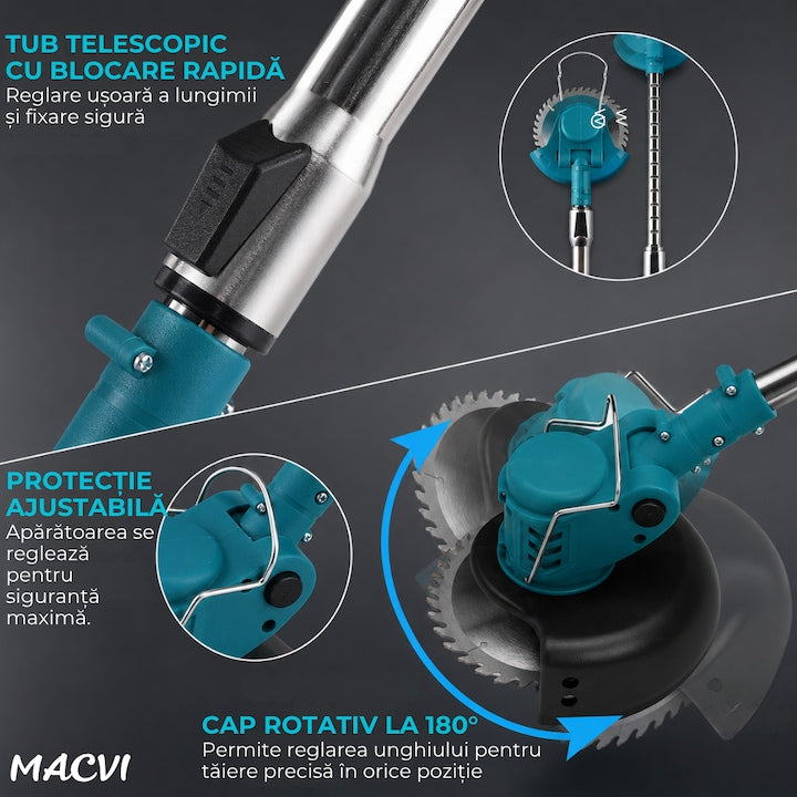 Set Multifunctional 6 in 1 Macvi 48V, Motocoasa, Mini Drujba, Foarfeca Gard Viu, Foarfeca Gazon, Foarfeca Electrica, Suflanta Frunze, Tija Telescopica, 2 Acumulatori Li-Ion, Motor Brushless