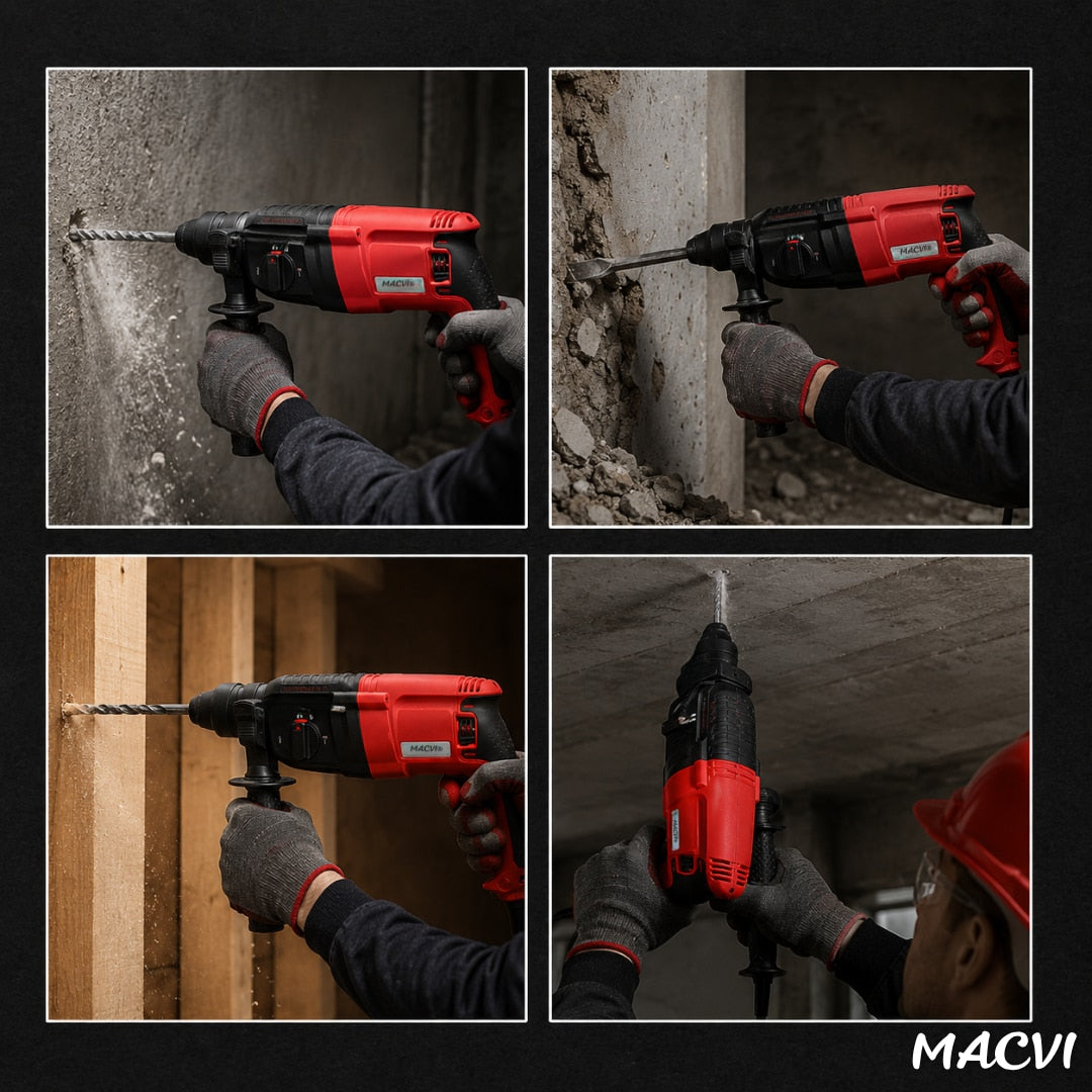 Rotopercutor Macvi 2650W SDS Plus, 3 moduri, 1300 RPM, pentru beton, lemn, zidarie, kit burghie si dalta