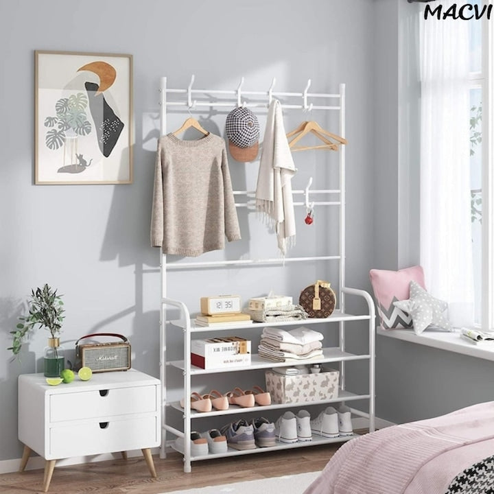 Cuier multifunctional Macvi® pentru haine si incaltaminte, 171x80x26.5 cm, material durabil, design ergonomic si modern, negru