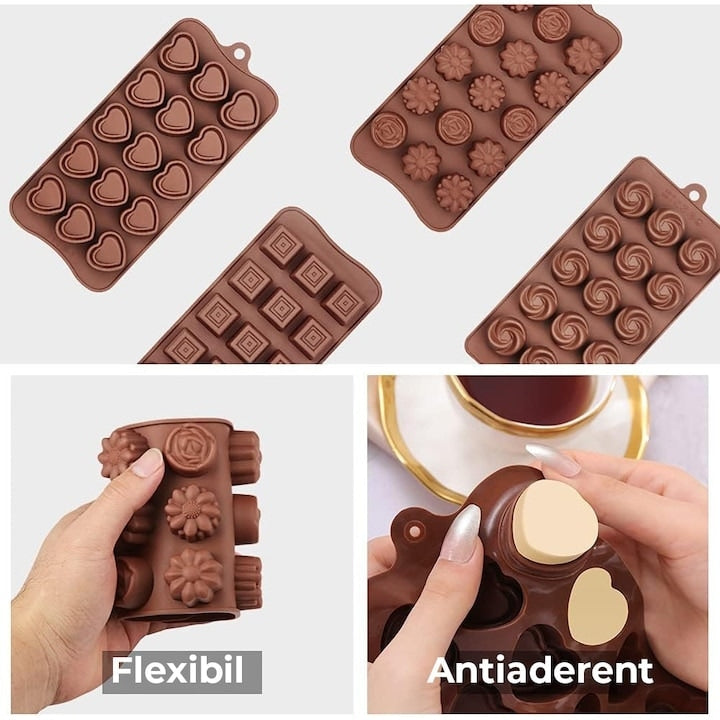 Set 4 Forme Ciocolata Silicon Macvi®, Antiaderente, Flexibile, BPA Free, Pentru Bomboane, Pralitine, Gheata, Maro
