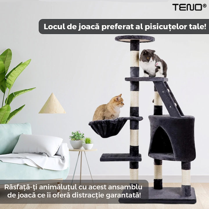 Ansamblu de Joaca pentru Pisici Teno®, tip turn, 1 platforma de observatie, 4 niveluri, 1 casuta, scara, franghie si mingiute de joaca, stalpi pentru zgariat, captuseala extra moale, structura stabila, 118 cm, gri inchis