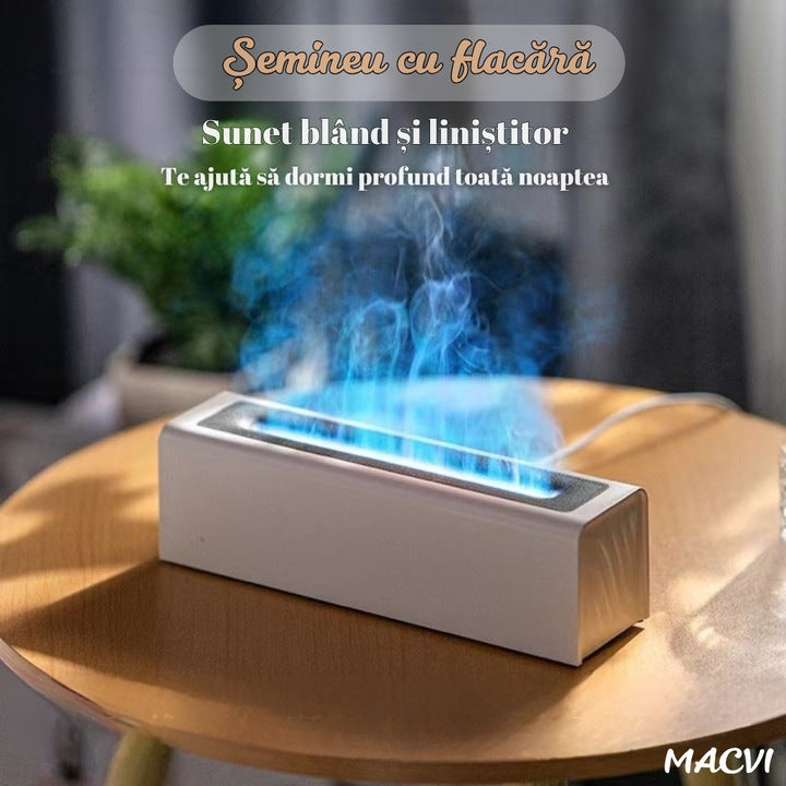 Umidificator de aer inteligent Macvi® 3D cu efect de flacara, aromaterapie, rezervor 200 ml, LED multicolor, silentios, portabil USB, cu telecomanda si 3 moduri de functionare, Alb
