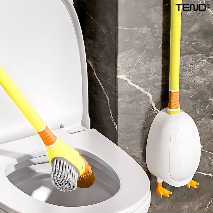 Perie pentru Toaleta Ratusca Teno®, din silicon, model adorabil, carcasa ou, suport adeziv montabil pe orice suprafata, 2 capete, capat cioc din silicon, capat cu peri pentru pete, galben
